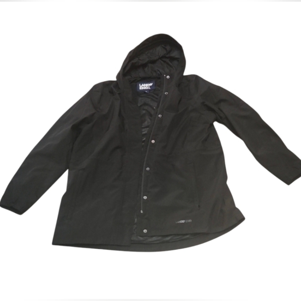 Lands' End Men's Black Hooded Jacket Windbreaker Rain Coat